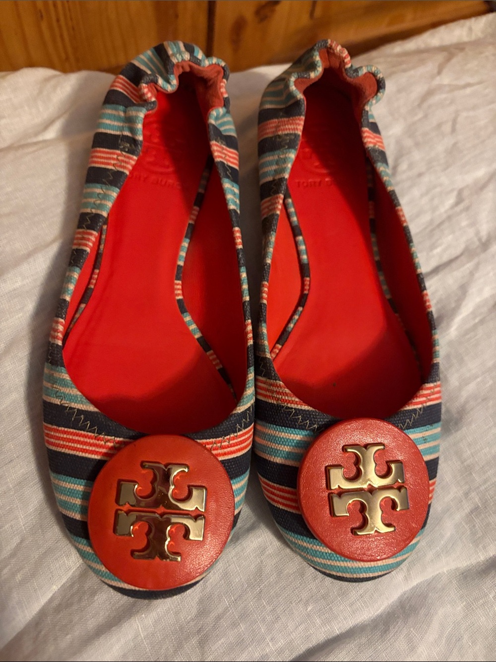 Tory Burch Striped Canvas Ballet Flats with Coral Gold Emblem